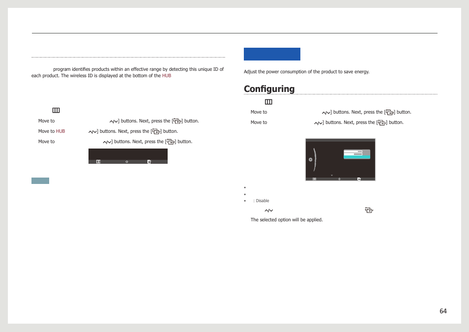 Wireless id, For series 7 only, Eco saving | Configuring, Wireless id - for series 7 only, Configuring eco saving | Samsung LC24B750XS-ZA User Manual | Page 64 / 89