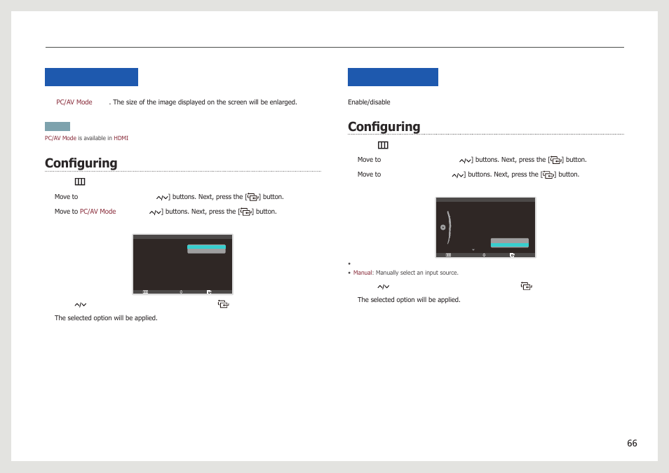 Pc/av mode, Configuring, Auto source | Menu. next, set, Configuring pc/av mode, Configuring auto source | Samsung LC24B750XS-ZA User Manual | Page 66 / 89