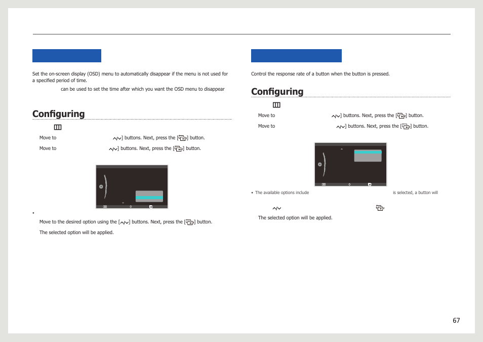 Display time, Configuring, Key repeat time | Configuring display time, Configuring key repeat time | Samsung LC24B750XS-ZA User Manual | Page 67 / 89