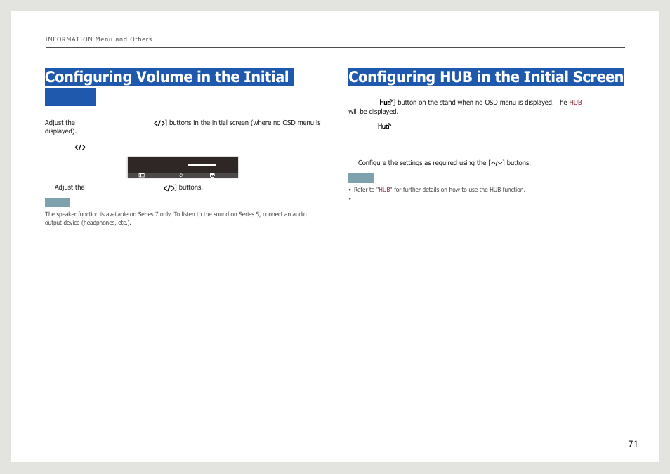 Configuring volume in the initial screen, Configuring hub in the initial screen, Volume | Samsung LC24B750XS-ZA User Manual | Page 71 / 89