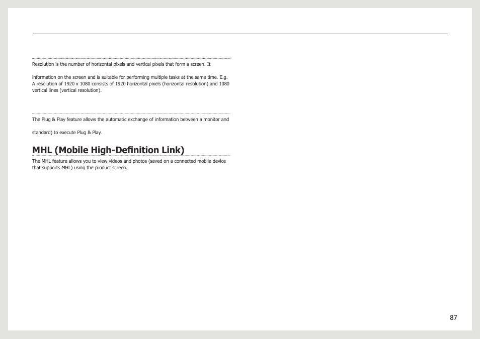Resolution, Plug & play, Mhl (mobile high-definition link) | Samsung LC24B750XS-ZA User Manual | Page 87 / 89
