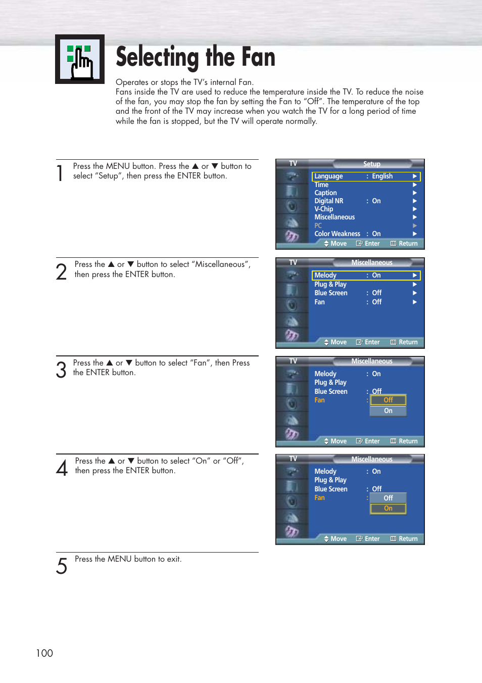 Selecting the fan | Samsung HPP5071X-XAA User Manual | Page 100 / 116