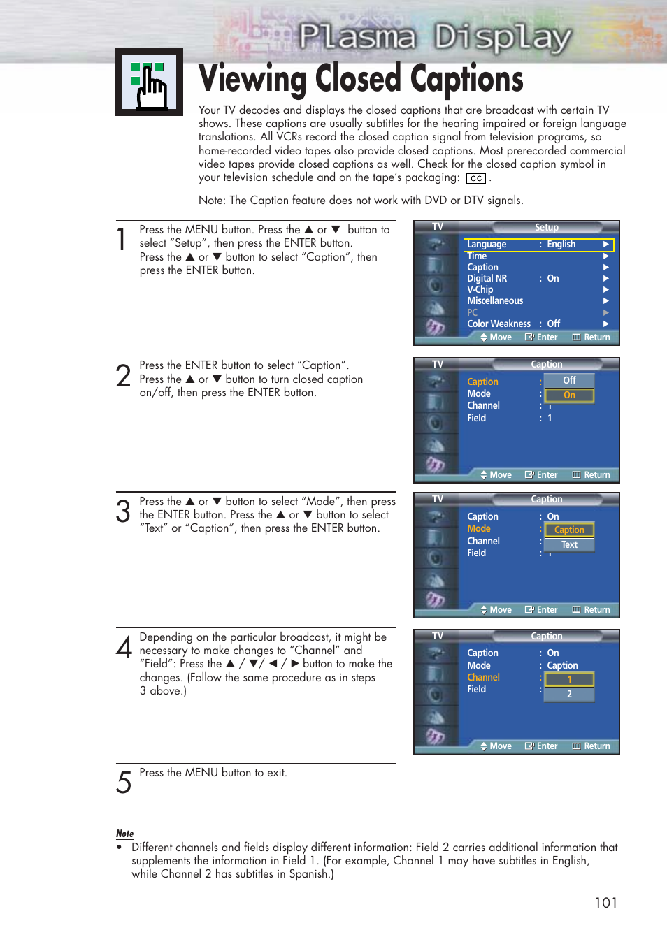 Viewing closed captions | Samsung HPP5071X-XAA User Manual | Page 101 / 116