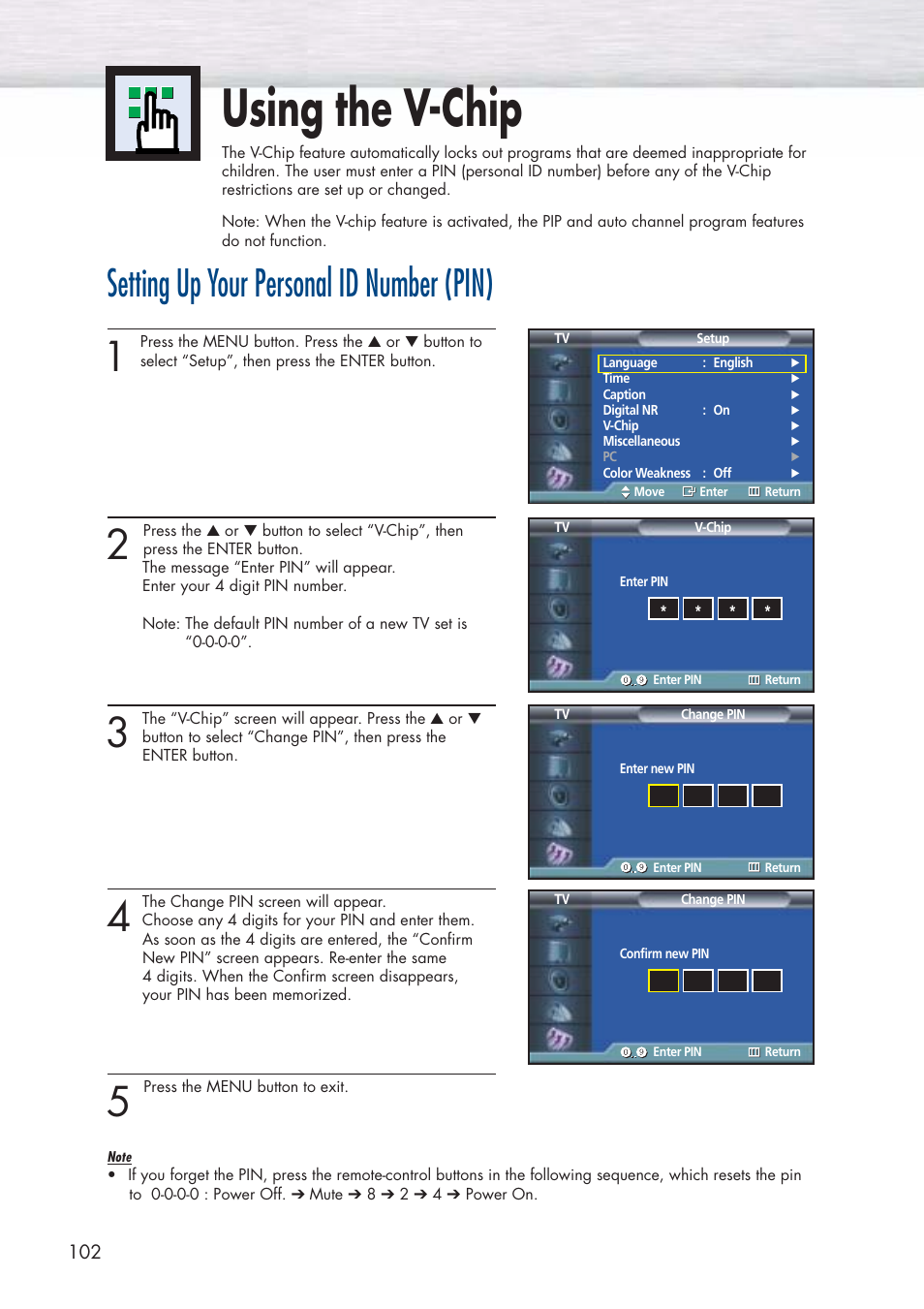 Using the v-chip, Setting up your personal id number (pin) | Samsung HPP5071X-XAA User Manual | Page 102 / 116