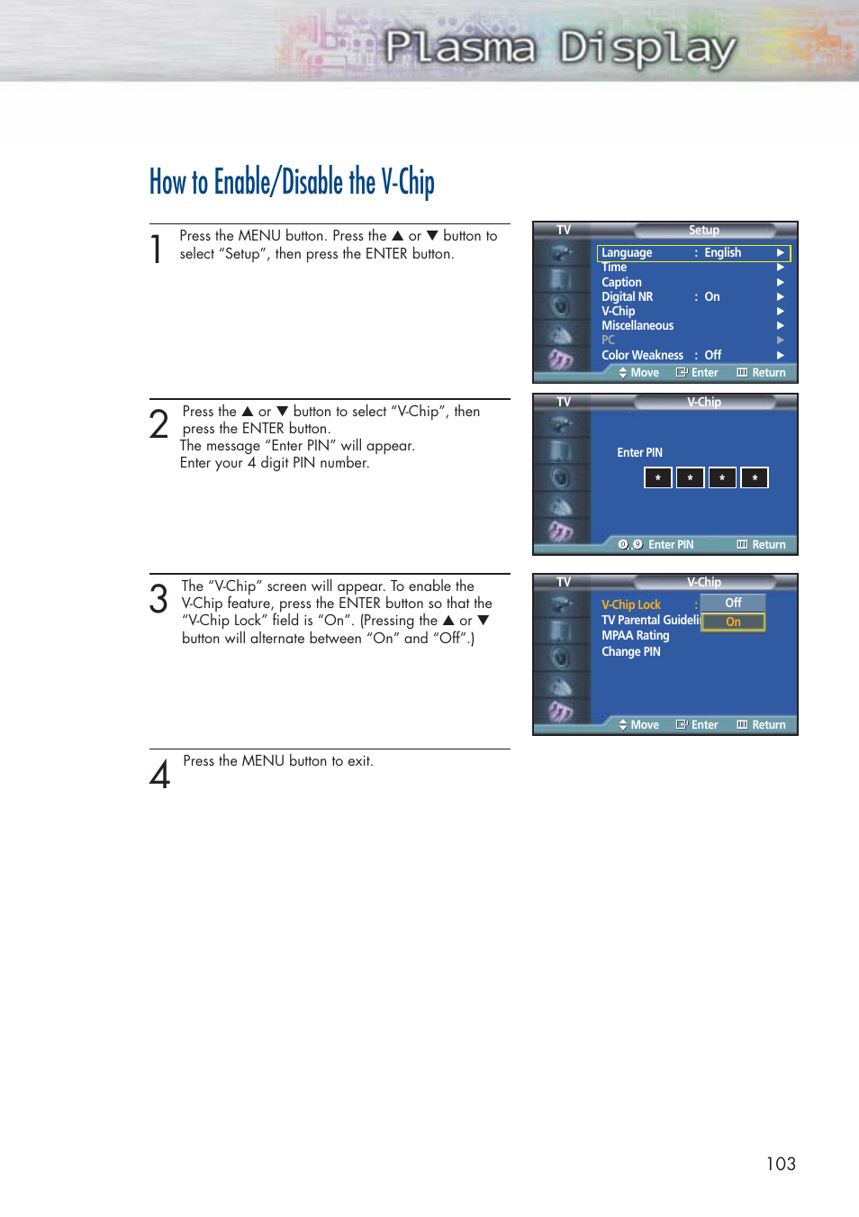 How to enable/disable the v-chip | Samsung HPP5071X-XAA User Manual | Page 103 / 116