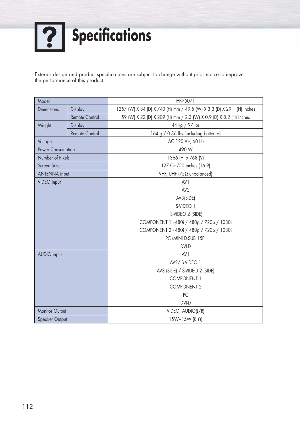 Specifications | Samsung HPP5071X-XAA User Manual | Page 112 / 116