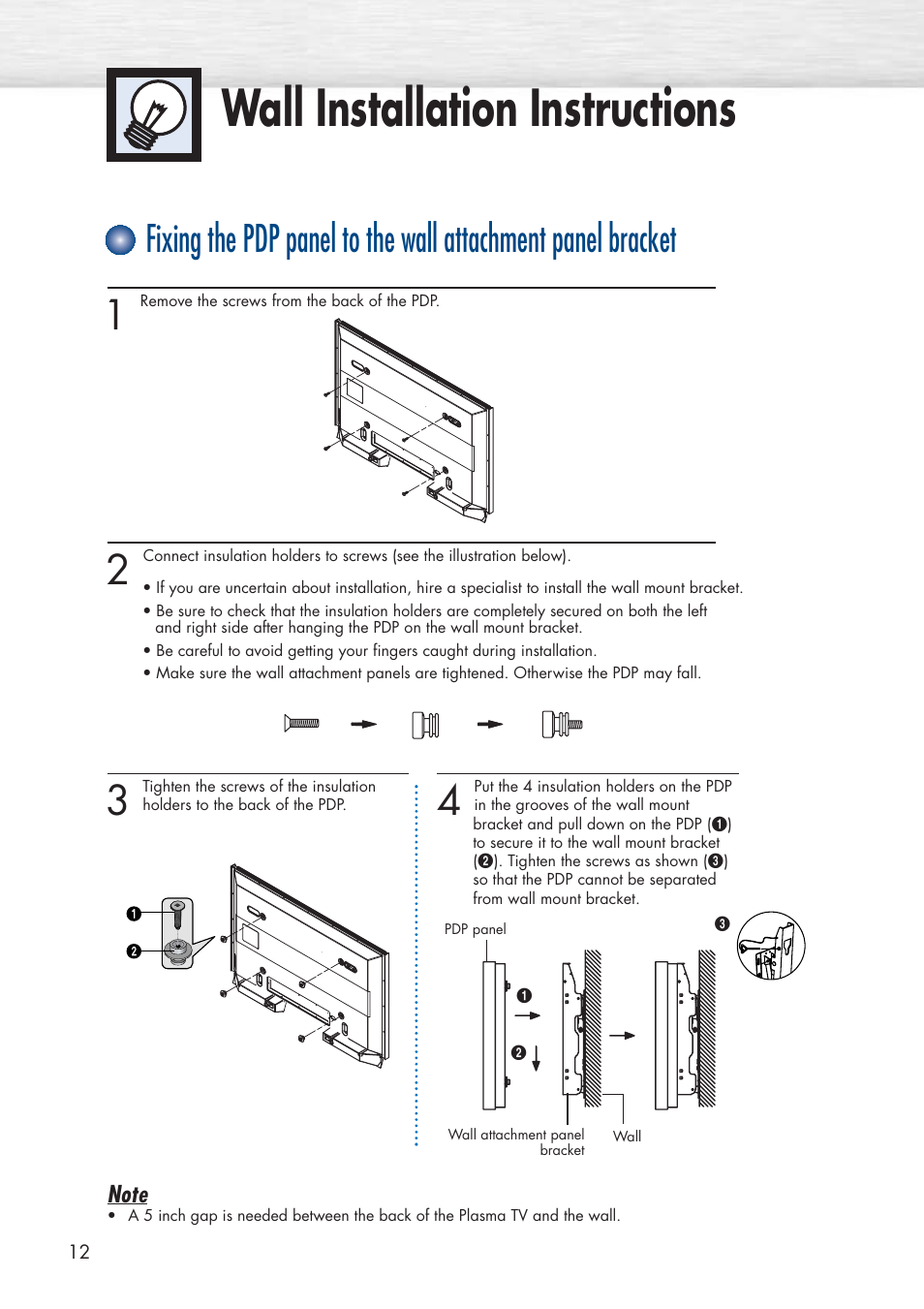 Wall installation instructions | Samsung HPP5071X-XAA User Manual | Page 12 / 116