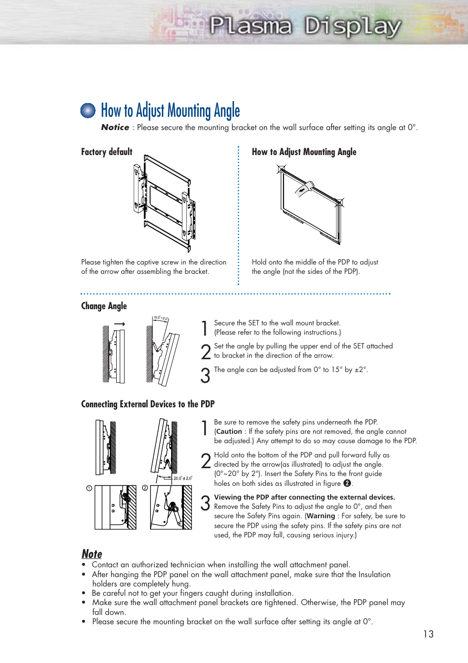 How to adjust mounting angle | Samsung HPP5071X-XAA User Manual | Page 13 / 116