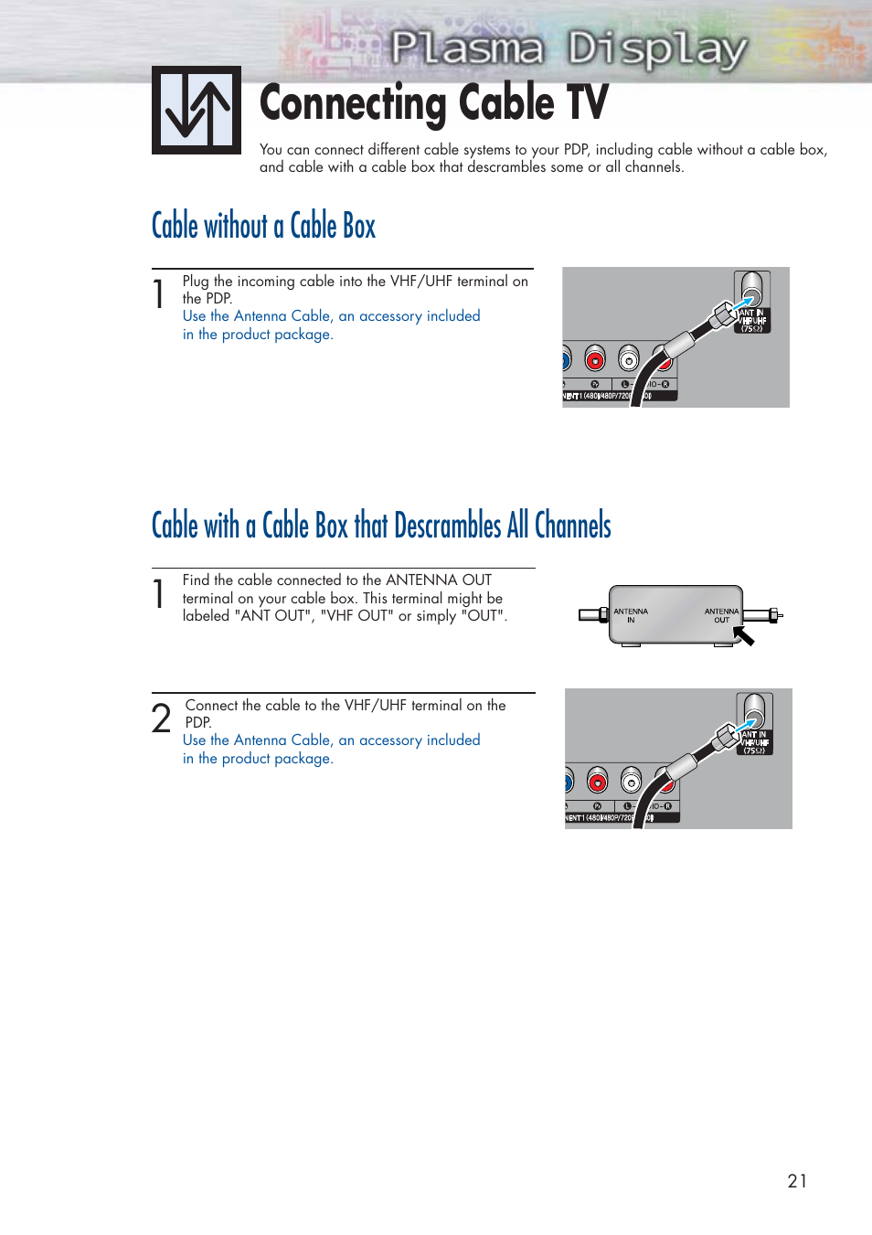 Connecting cable tv, Cable without a cable box | Samsung HPP5071X-XAA User Manual | Page 21 / 116