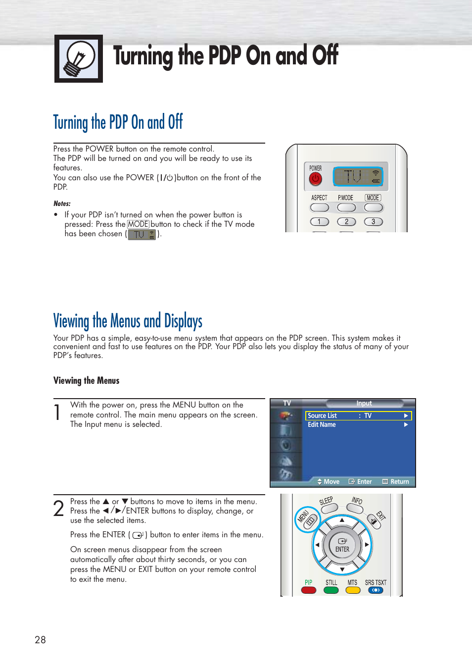 Turning the pdp on and off, Viewing the menus and displays | Samsung HPP5071X-XAA User Manual | Page 28 / 116