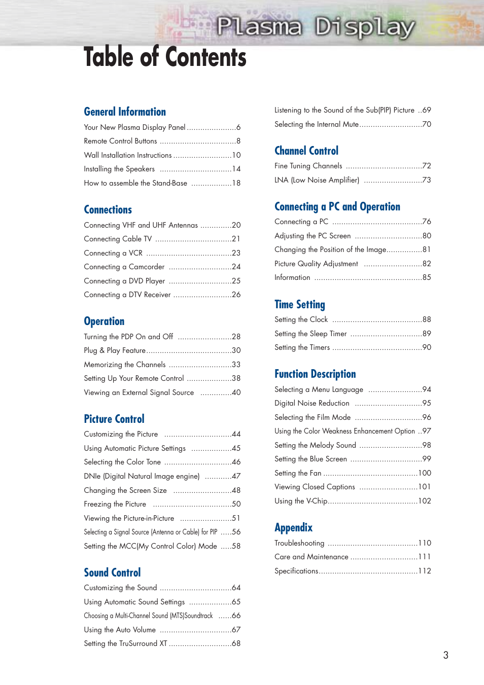 Samsung HPP5071X-XAA User Manual | Page 3 / 116