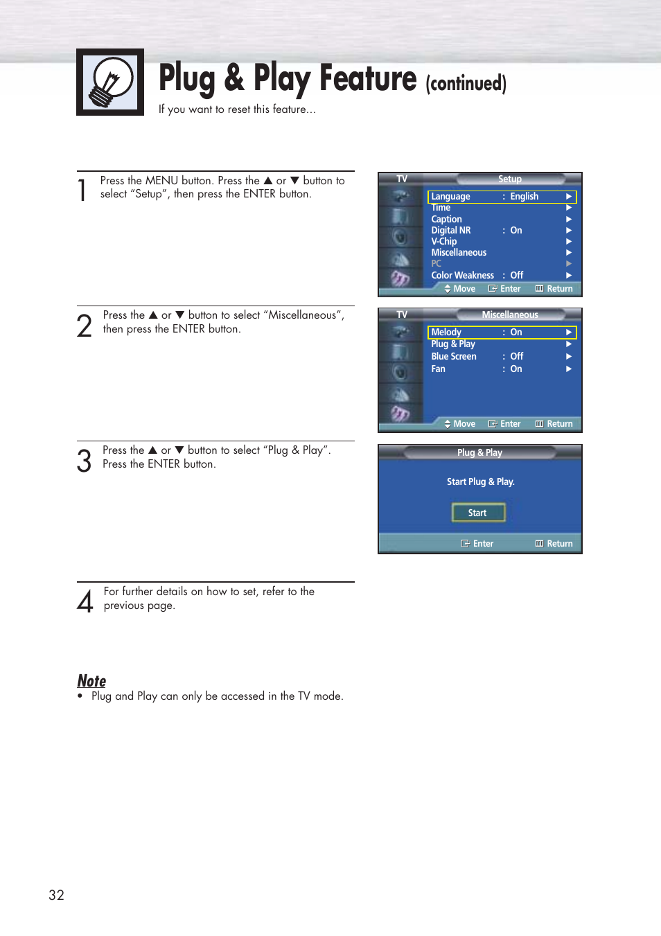 Plug & play feature, Continued) | Samsung HPP5071X-XAA User Manual | Page 32 / 116