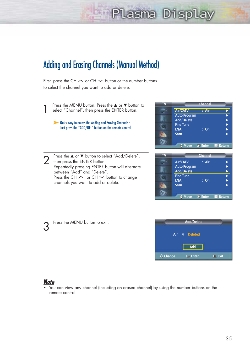 Adding and erasing channels (manual method) | Samsung HPP5071X-XAA User Manual | Page 35 / 116