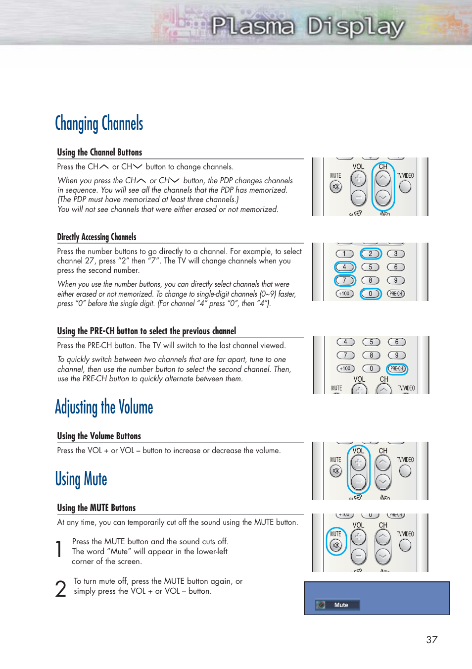 Changing channels, Adjusting the volume, Using mute | Samsung HPP5071X-XAA User Manual | Page 37 / 116