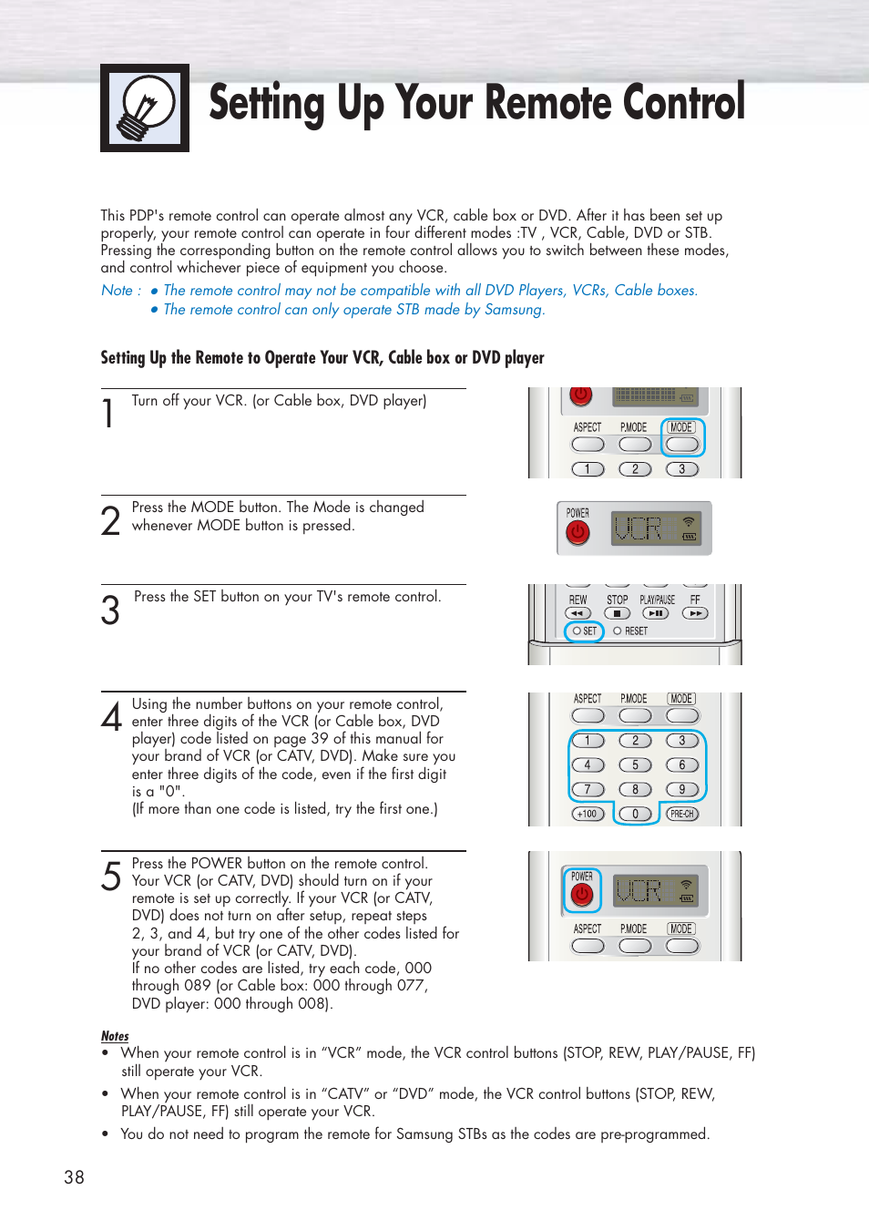 Setting up your remote control | Samsung HPP5071X-XAA User Manual | Page 38 / 116