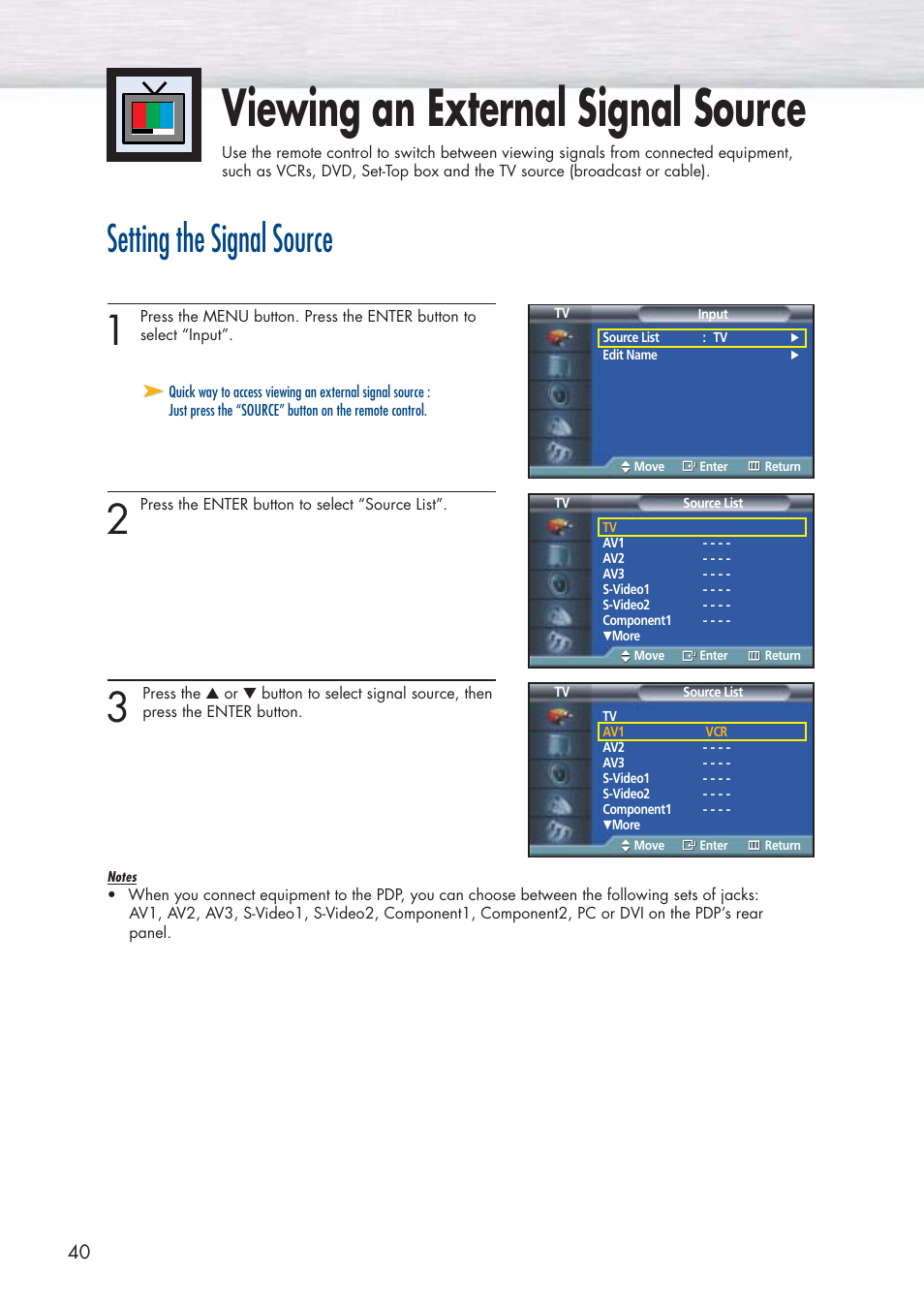 Viewing an external signal source, Setting the signal source | Samsung HPP5071X-XAA User Manual | Page 40 / 116