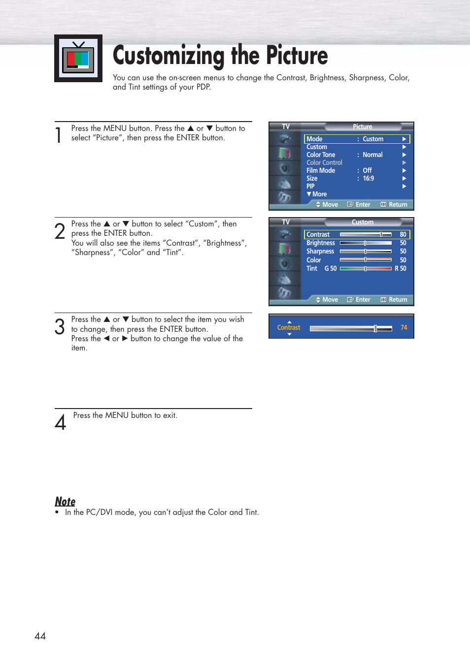 Customizing the picture | Samsung HPP5071X-XAA User Manual | Page 44 / 116