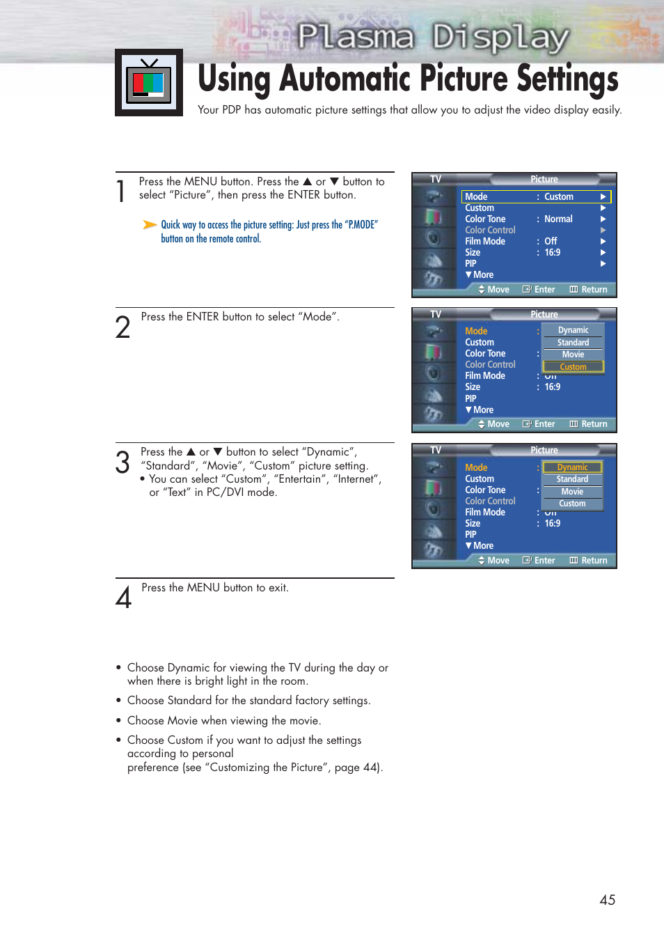 Using automatic picture settings | Samsung HPP5071X-XAA User Manual | Page 45 / 116