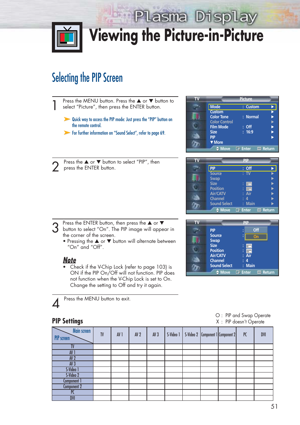 Viewing the picture-in-picture, Selecting the pip screen, Pip settings | Pip screen main screen | Samsung HPP5071X-XAA User Manual | Page 51 / 116
