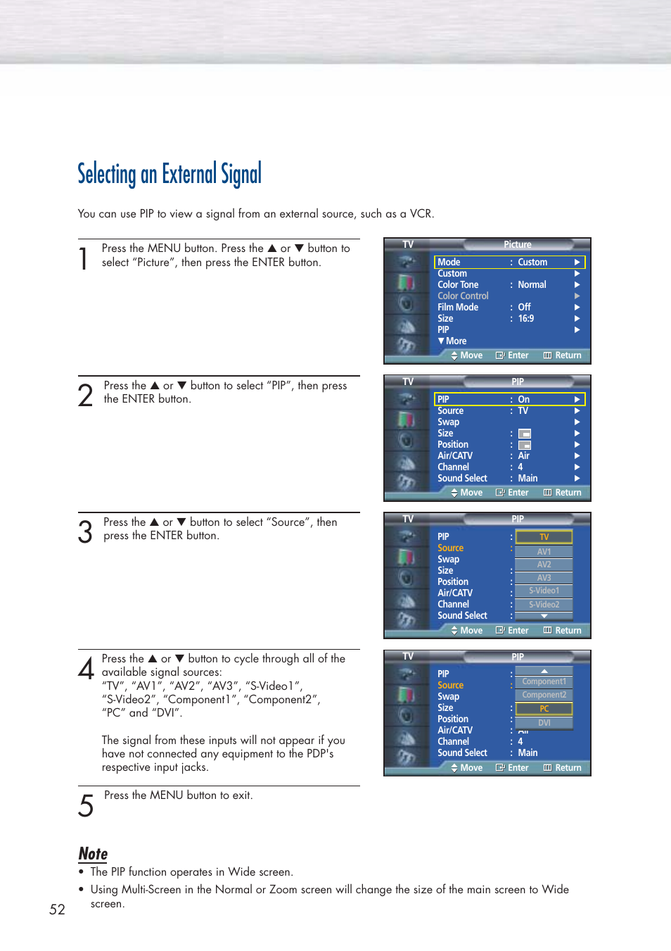 Selecting an external signal | Samsung HPP5071X-XAA User Manual | Page 52 / 116