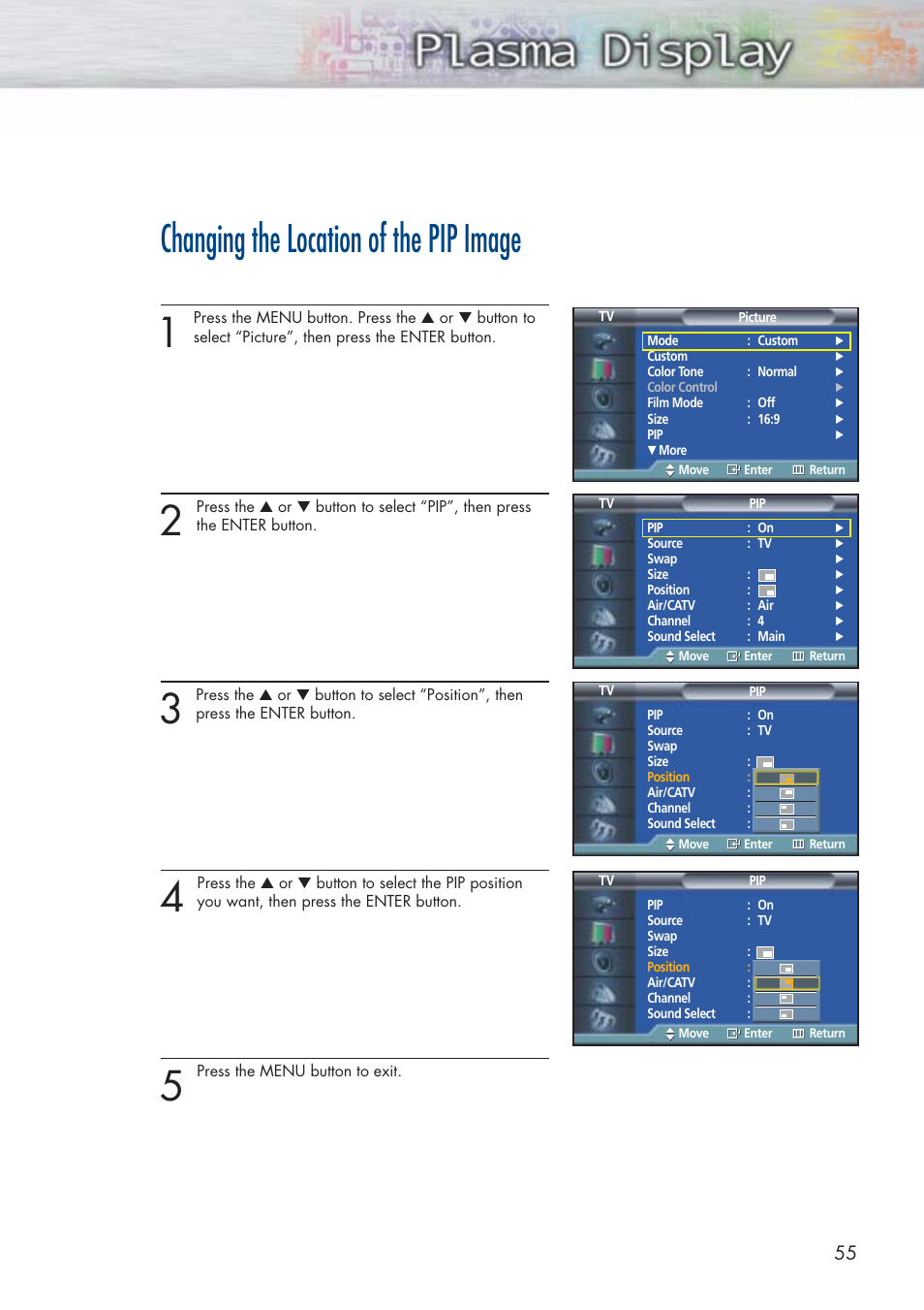 Changing the location of the pip image | Samsung HPP5071X-XAA User Manual | Page 55 / 116