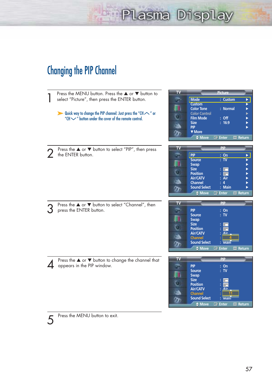 Changing the pip channel | Samsung HPP5071X-XAA User Manual | Page 57 / 116