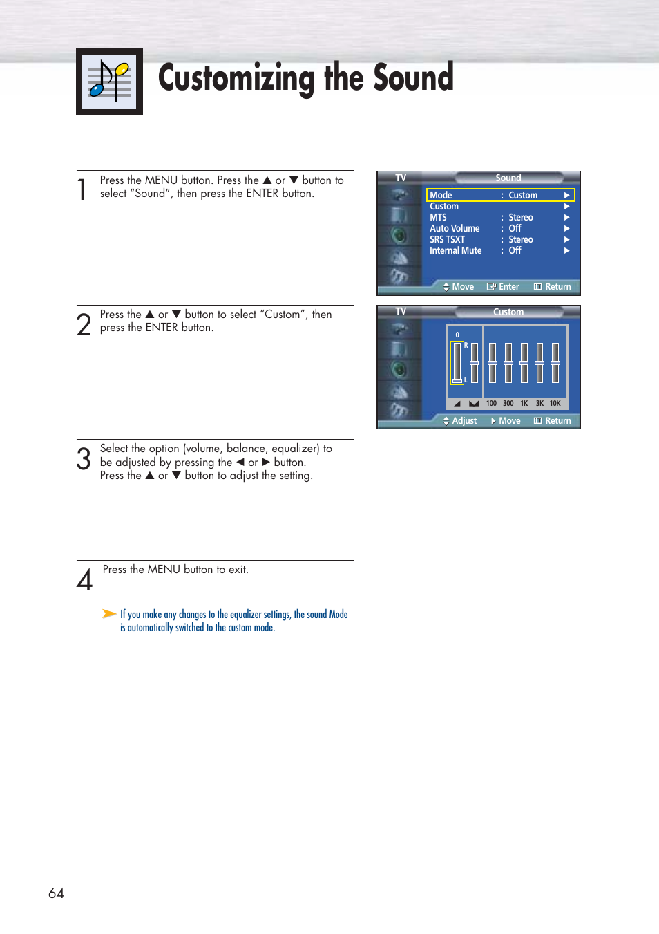 Customizing the sound | Samsung HPP5071X-XAA User Manual | Page 64 / 116