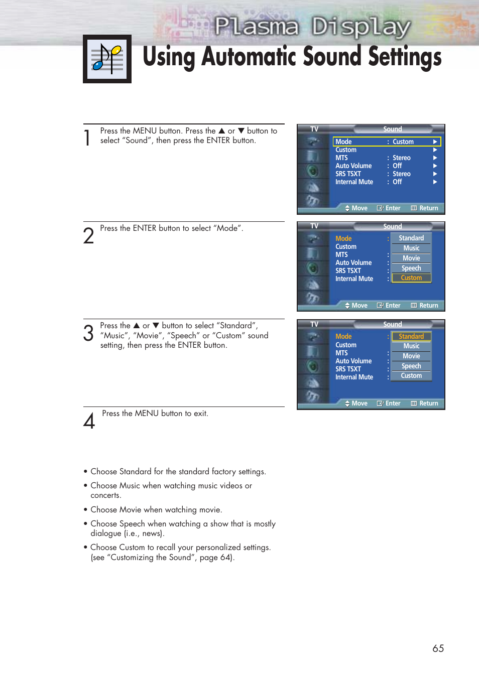 Using automatic sound settings | Samsung HPP5071X-XAA User Manual | Page 65 / 116