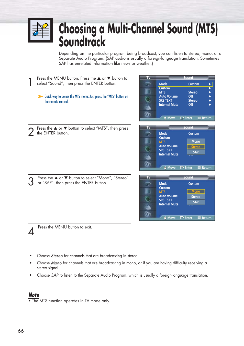 Choosing a multi-channel sound (mts) soundtrack | Samsung HPP5071X-XAA User Manual | Page 66 / 116