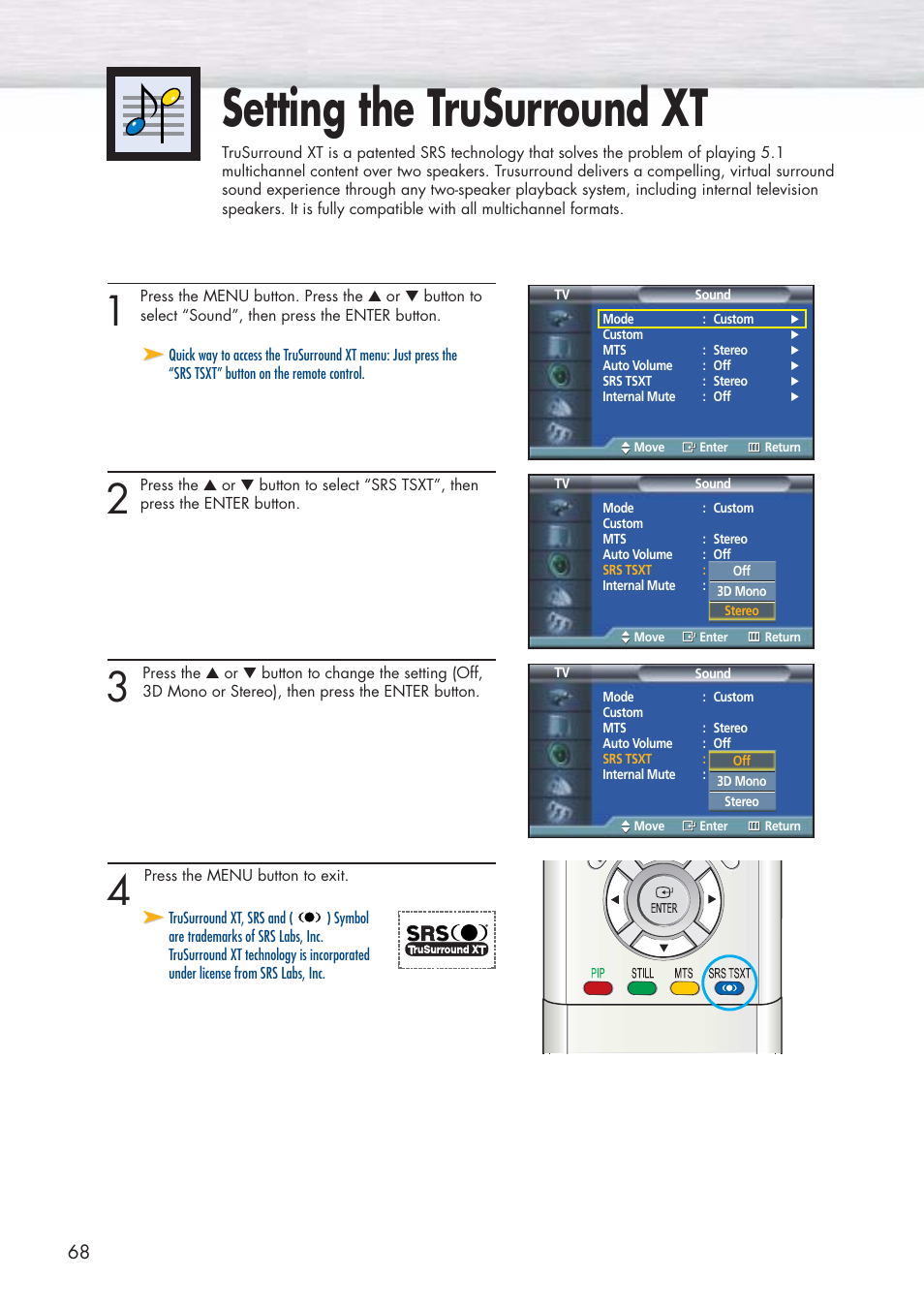 Setting the trusurround xt | Samsung HPP5071X-XAA User Manual | Page 68 / 116
