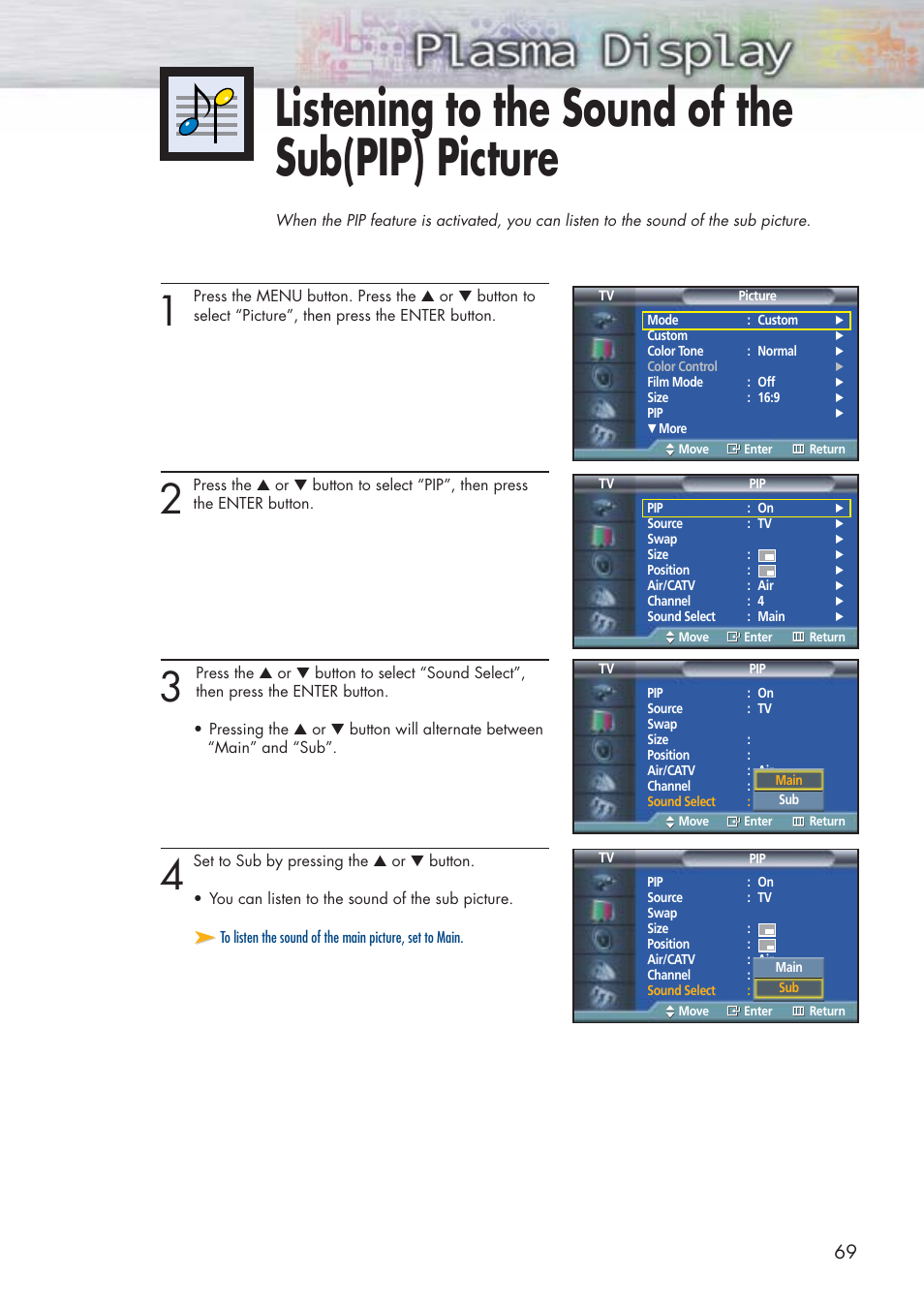Listening to the sound of the sub(pip) picture | Samsung HPP5071X-XAA User Manual | Page 69 / 116