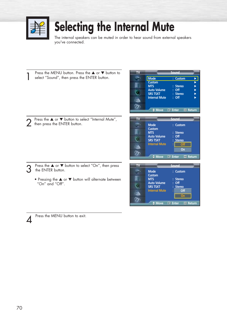 Selecting the internal mute | Samsung HPP5071X-XAA User Manual | Page 70 / 116