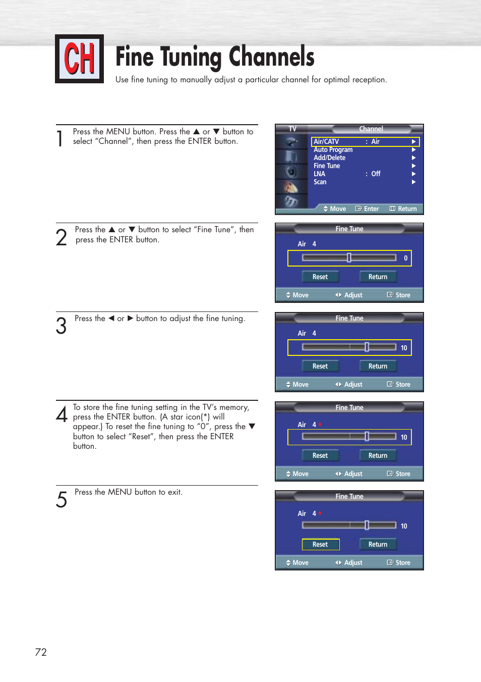 Fine tuning channels | Samsung HPP5071X-XAA User Manual | Page 72 / 116