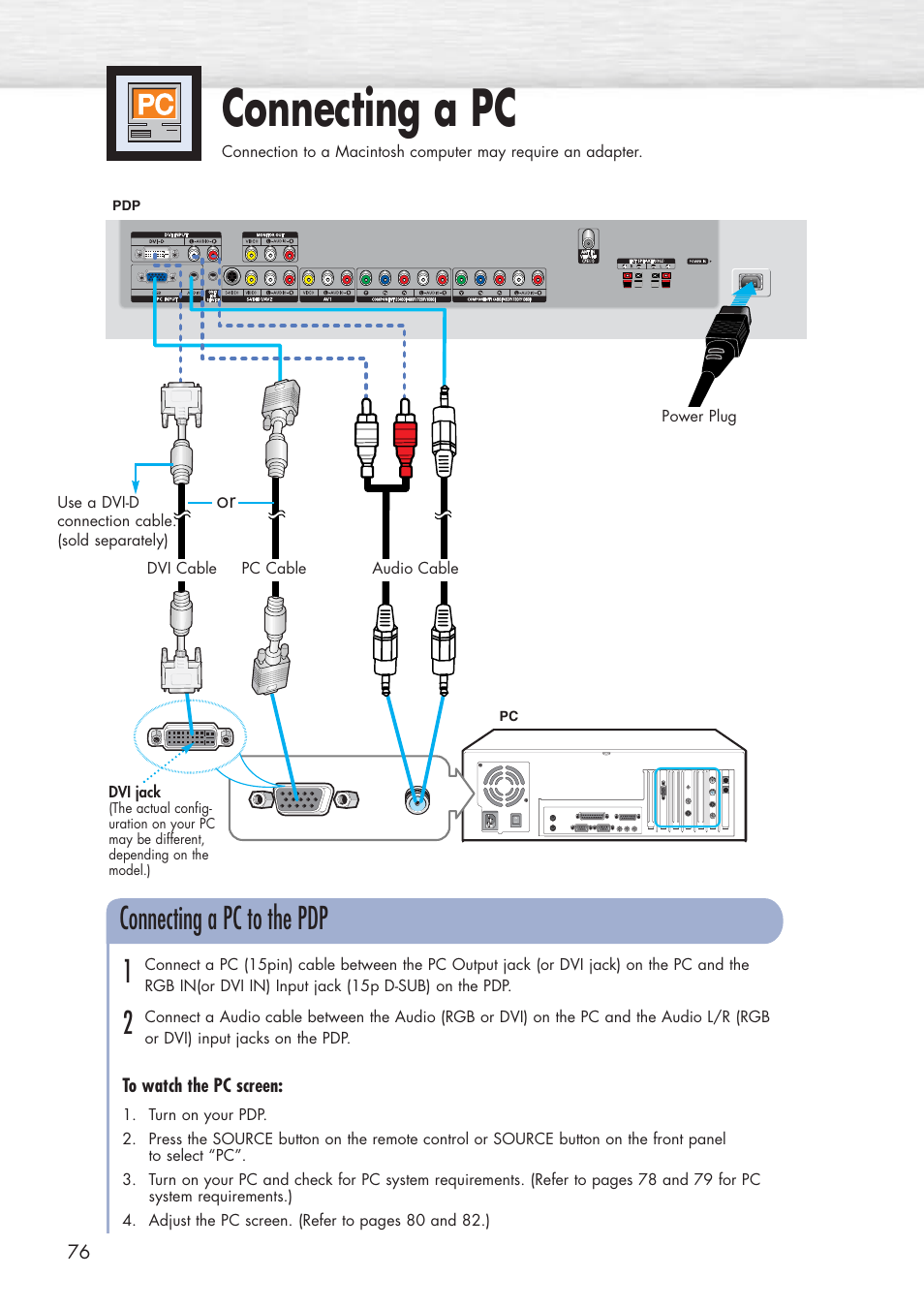 Connecting a pc, Connecting a pc to the pdp | Samsung HPP5071X-XAA User Manual | Page 76 / 116