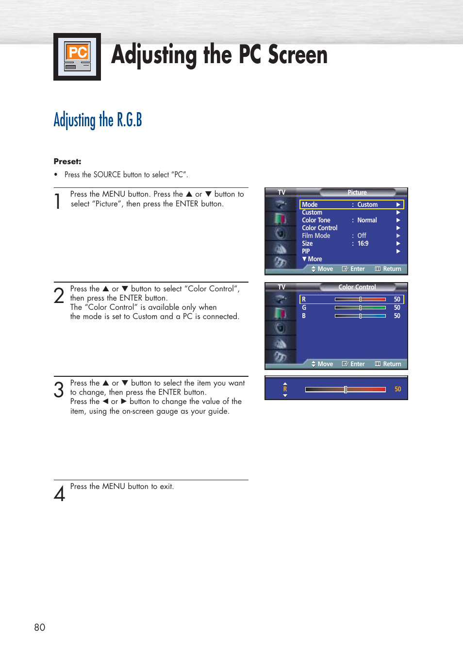 Adjusting the pc screen, Adjusting the r.g.b | Samsung HPP5071X-XAA User Manual | Page 80 / 116