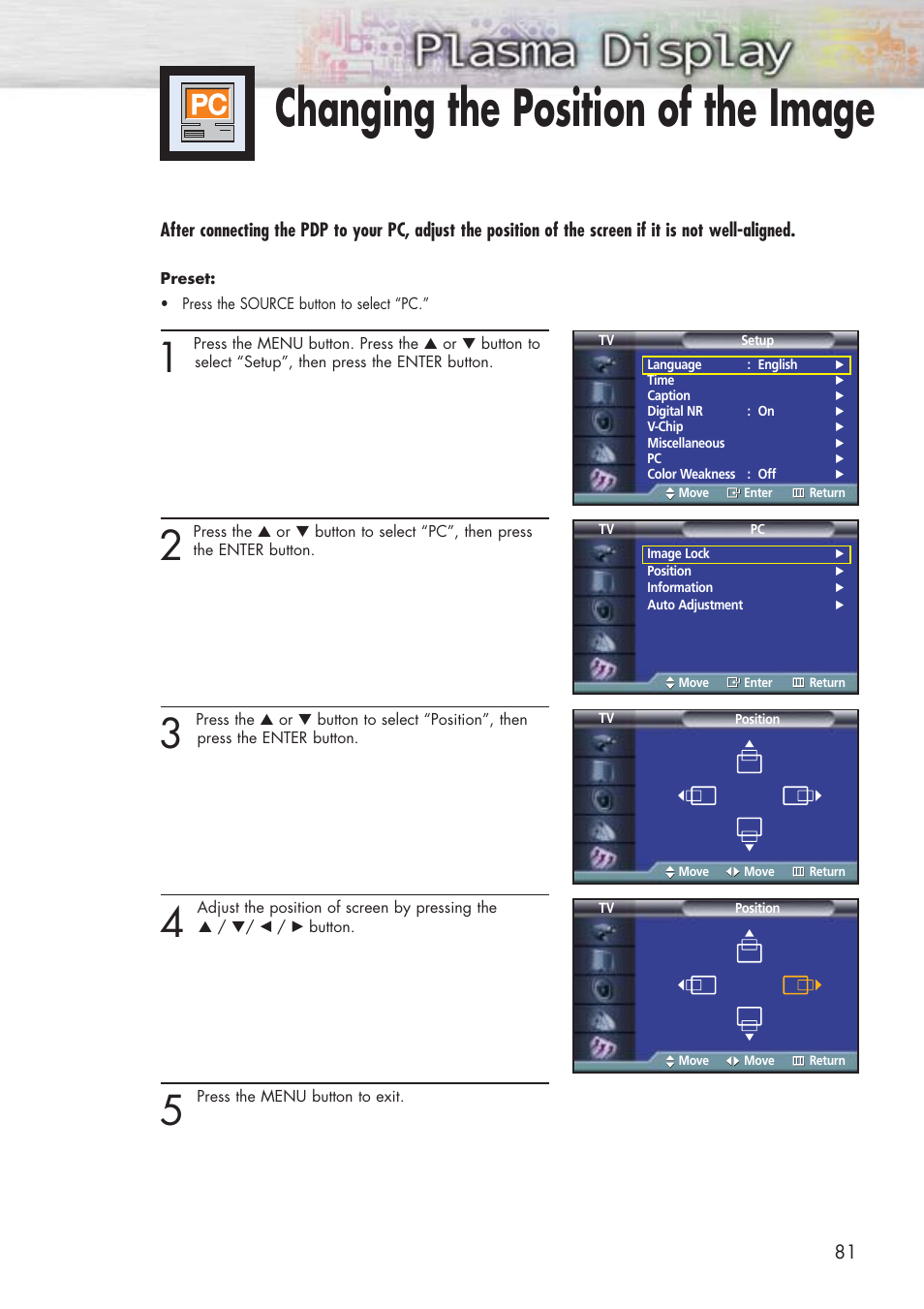 Changing the position of the image | Samsung HPP5071X-XAA User Manual | Page 81 / 116