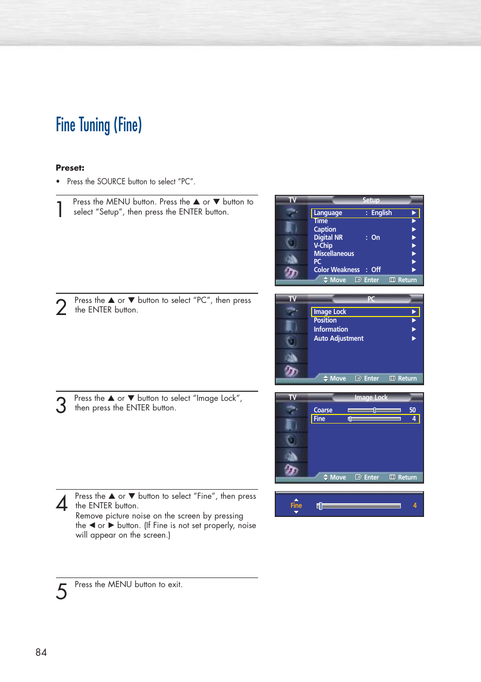 Fine tuning (fine) | Samsung HPP5071X-XAA User Manual | Page 84 / 116