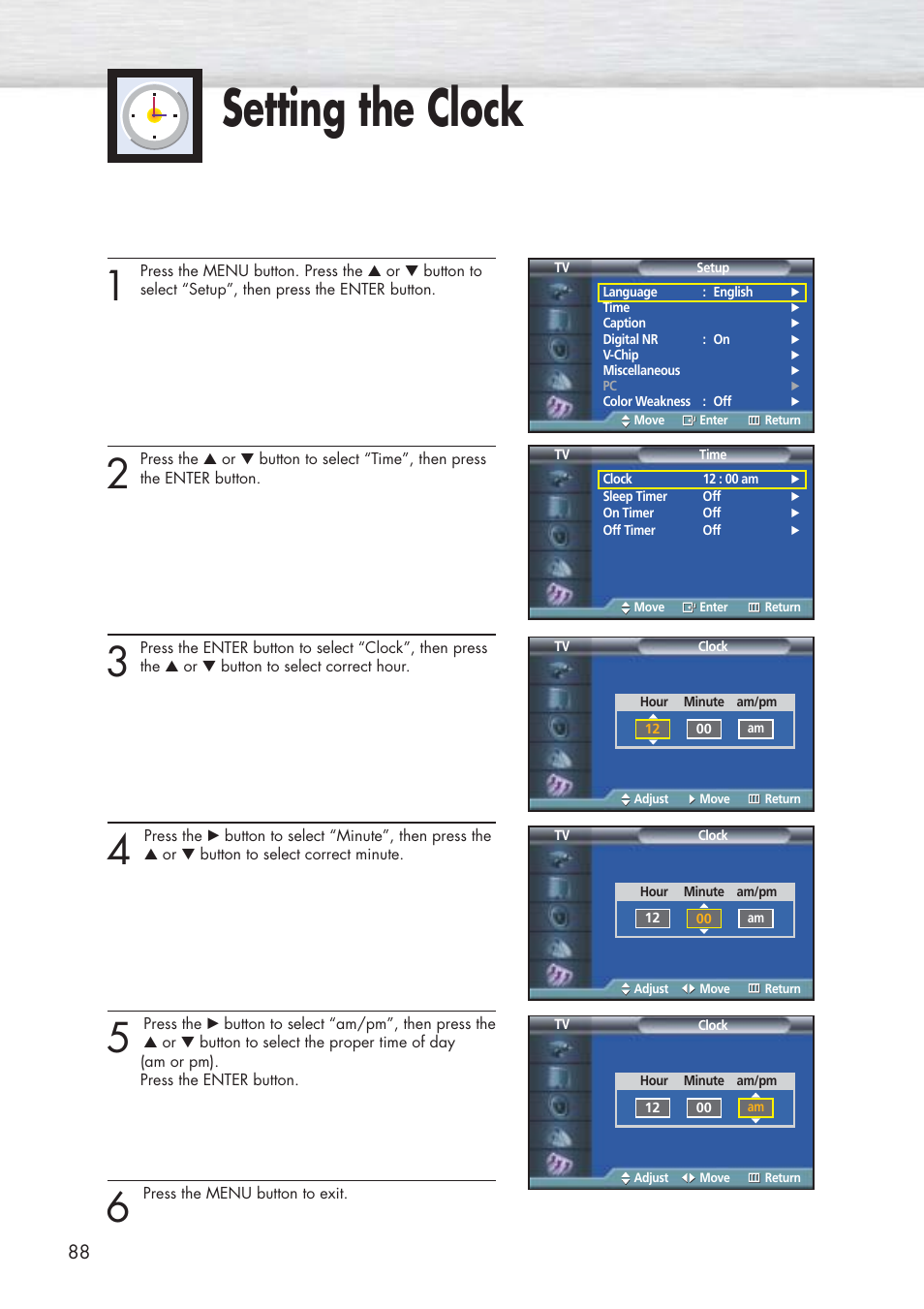 Setting the clock | Samsung HPP5071X-XAA User Manual | Page 88 / 116