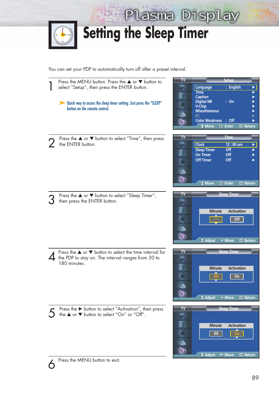 Setting the sleep timer | Samsung HPP5071X-XAA User Manual | Page 89 / 116