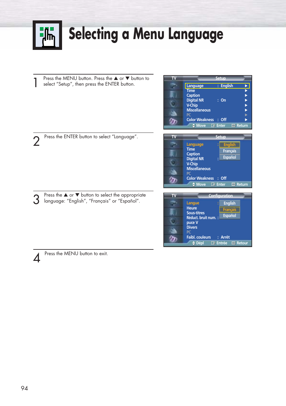 Selecting a menu language | Samsung HPP5071X-XAA User Manual | Page 94 / 116