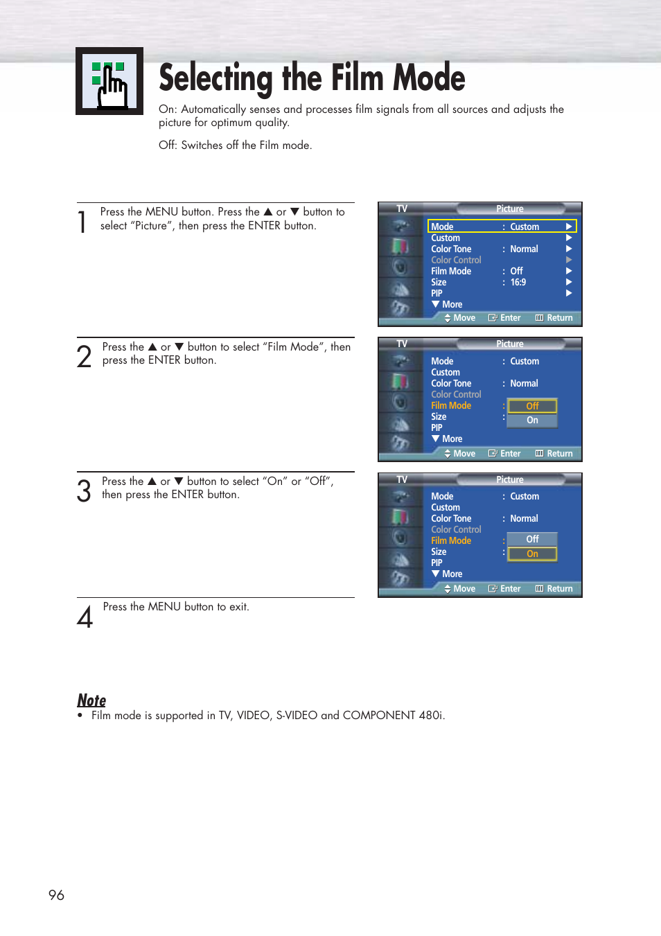 Selecting the film mode | Samsung HPP5071X-XAA User Manual | Page 96 / 116