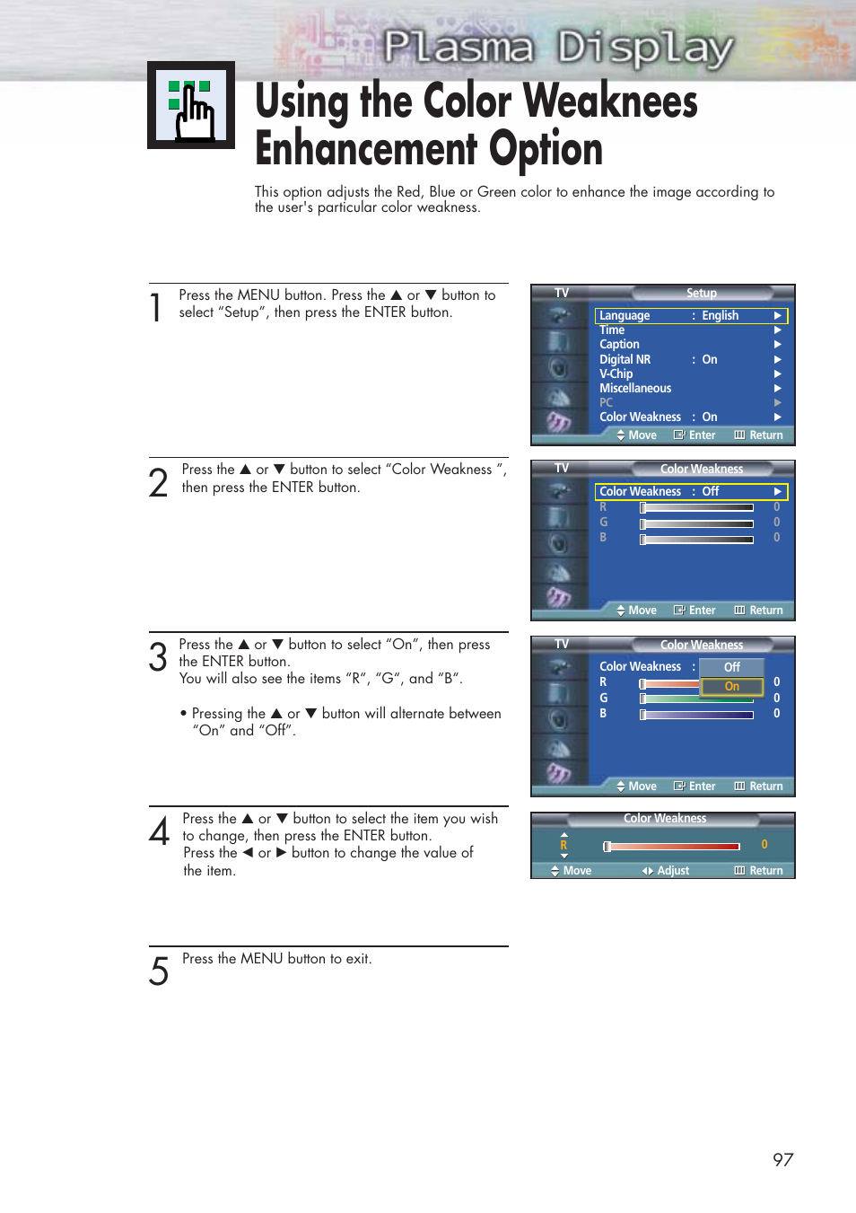 Using the color weaknees enhancement option | Samsung HPP5071X-XAA User Manual | Page 97 / 116