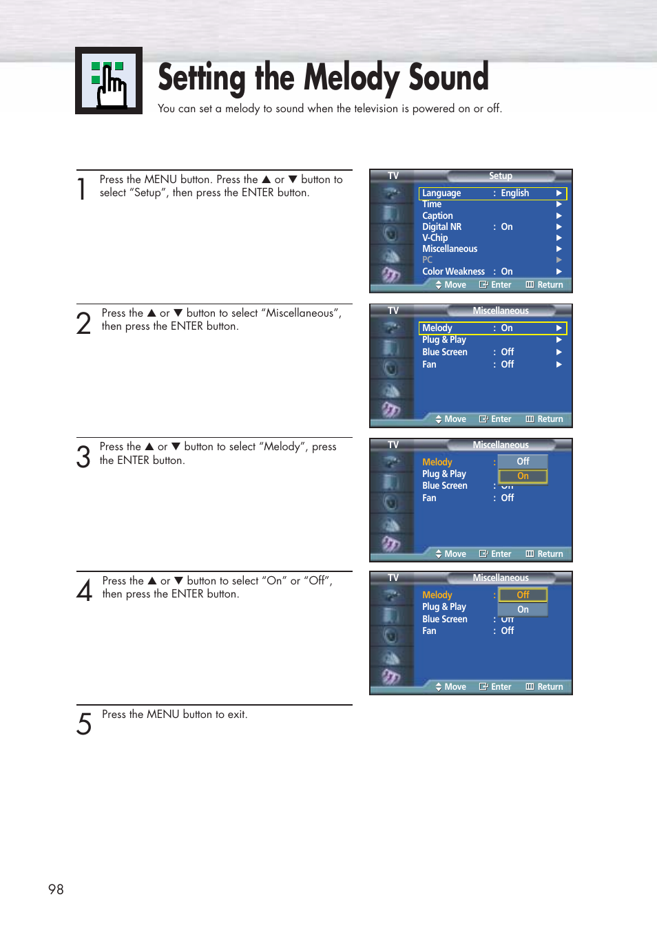 Setting the melody sound | Samsung HPP5071X-XAA User Manual | Page 98 / 116