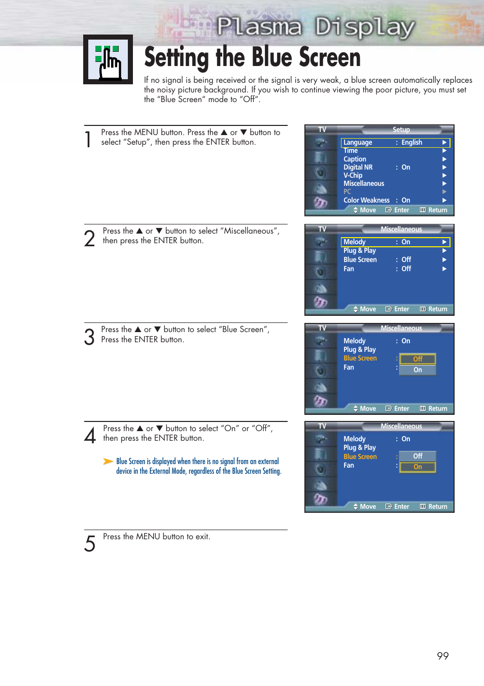 Setting the blue screen | Samsung HPP5071X-XAA User Manual | Page 99 / 116