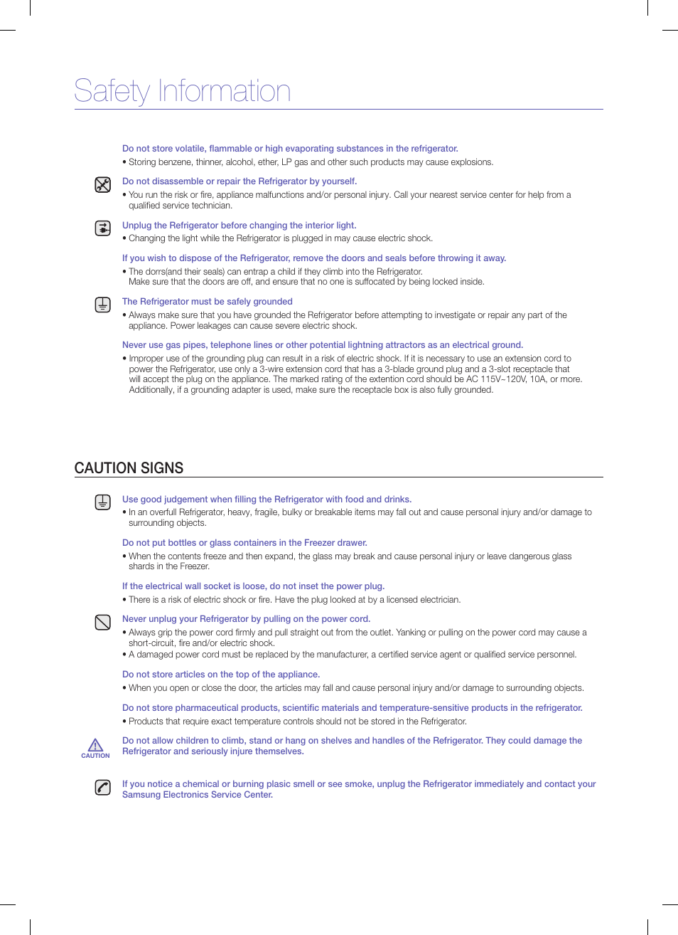 Safety information, Caution signs | Samsung RF26XAEBP-XAA User Manual | Page 3 / 9