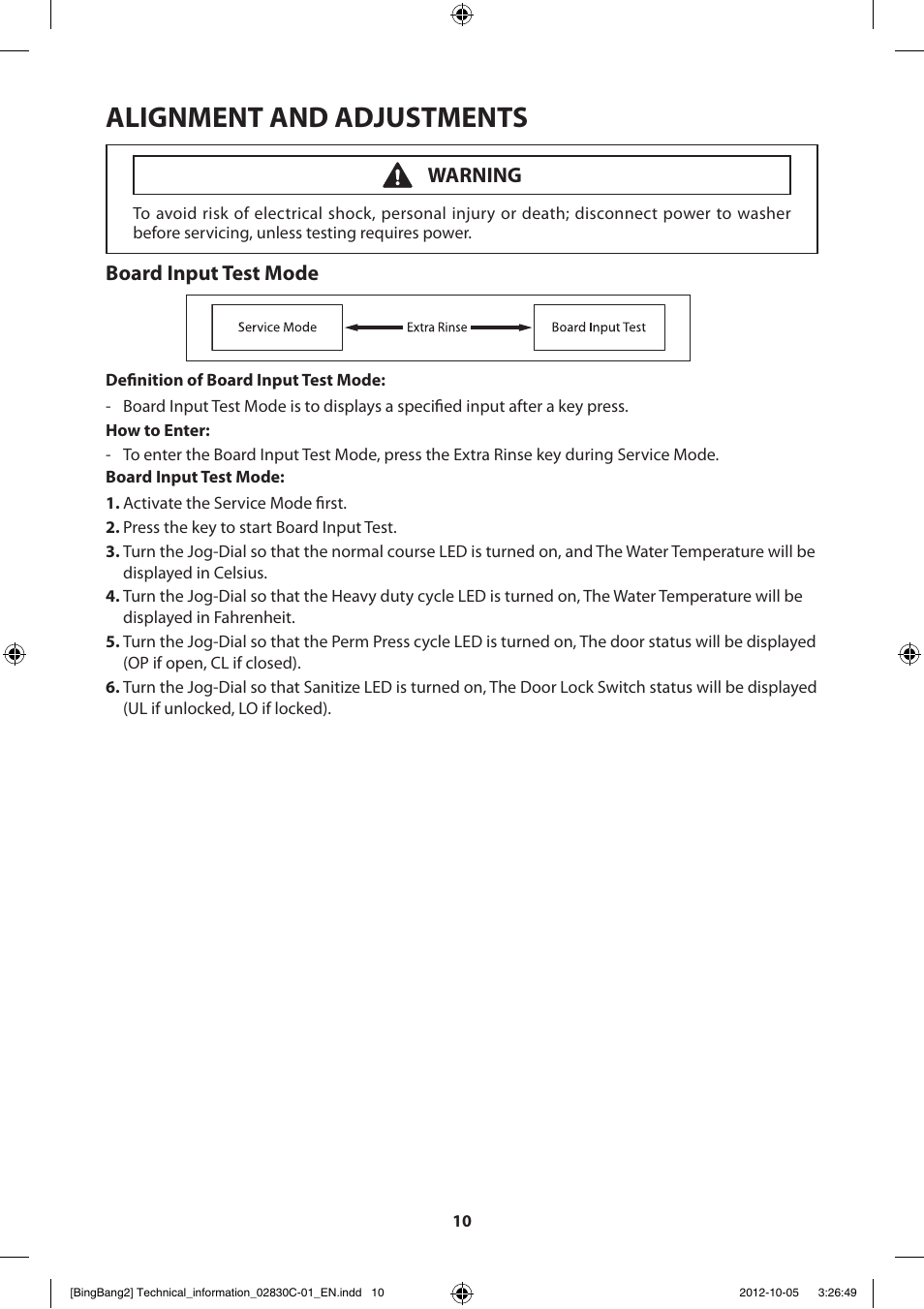 Alignment and adjustments, Board input test mode, Warning | Samsung WF231ANW-XAA User Manual | Page 10 / 60