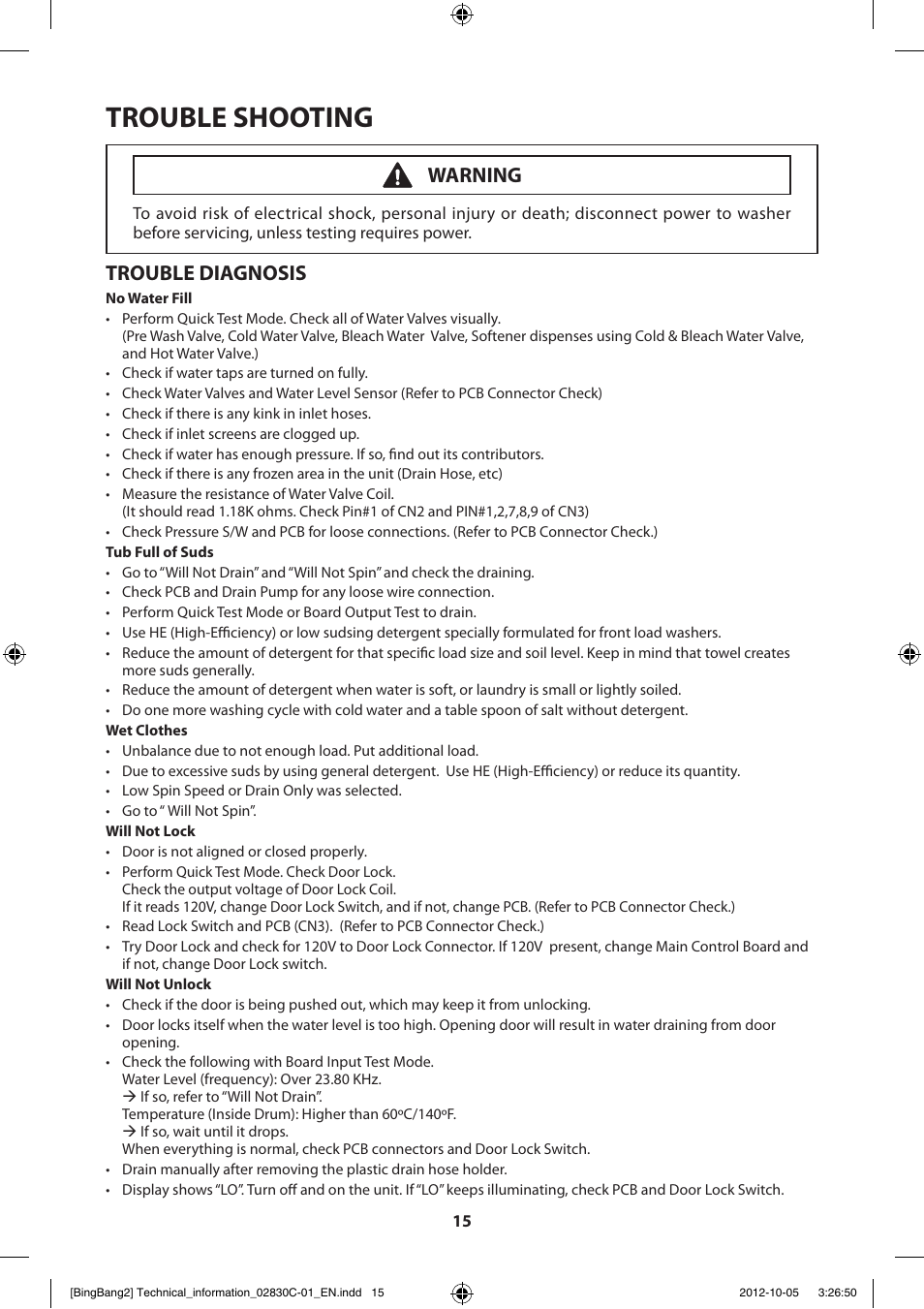 Trouble shooting, Trouble diagnosis, Warning | Samsung WF231ANW-XAA User Manual | Page 15 / 60