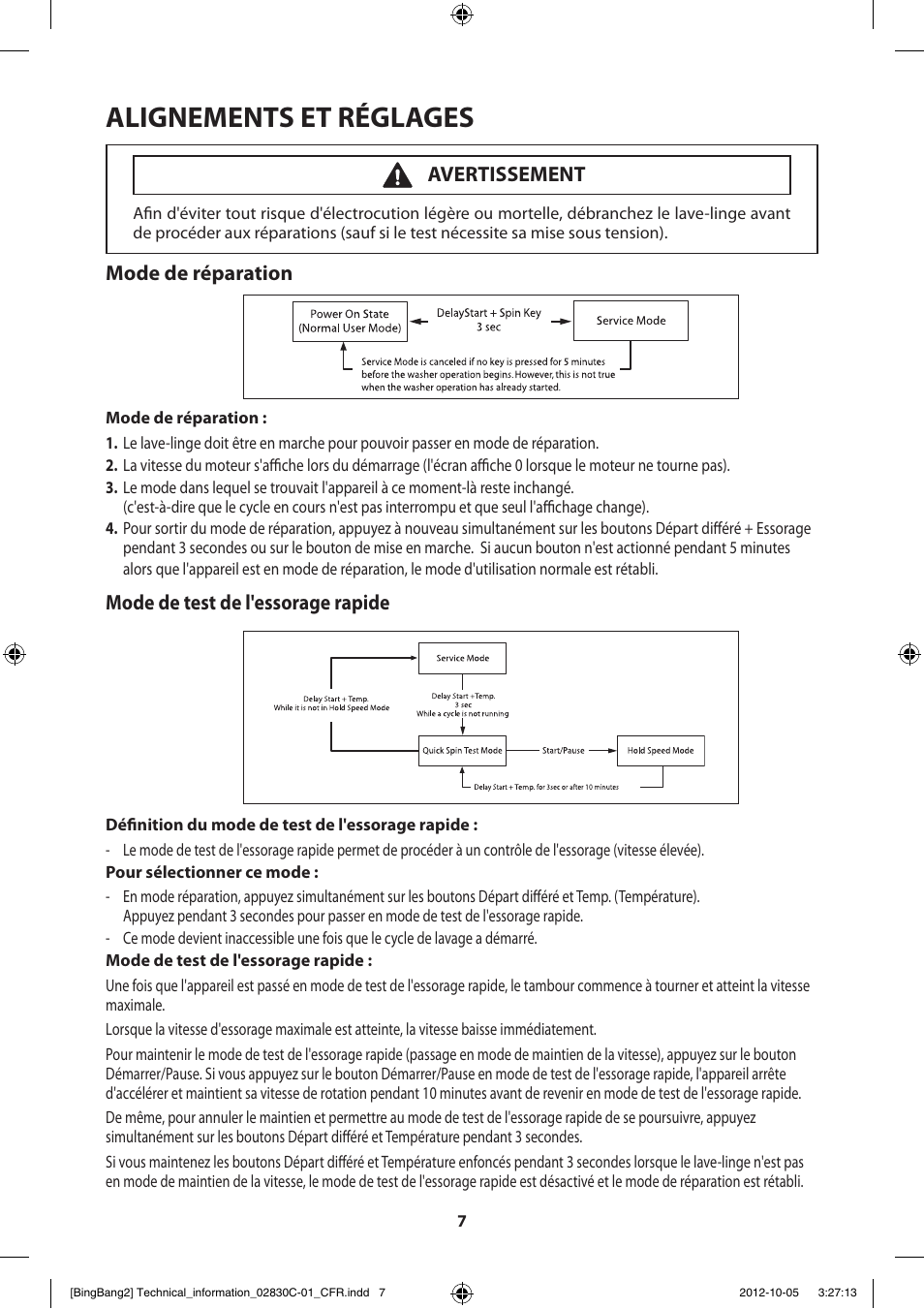 Alignements et réglages | Samsung WF231ANW-XAA User Manual | Page 27 / 60