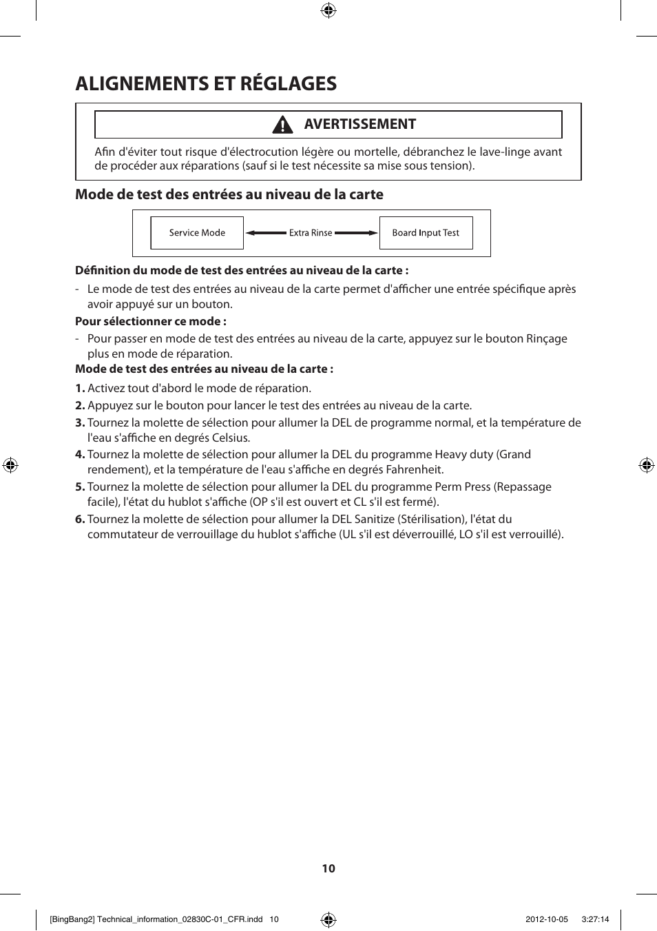 Alignements et réglages, Mode de test des entrées au niveau de la carte, Avertissement | Samsung WF231ANW-XAA User Manual | Page 30 / 60