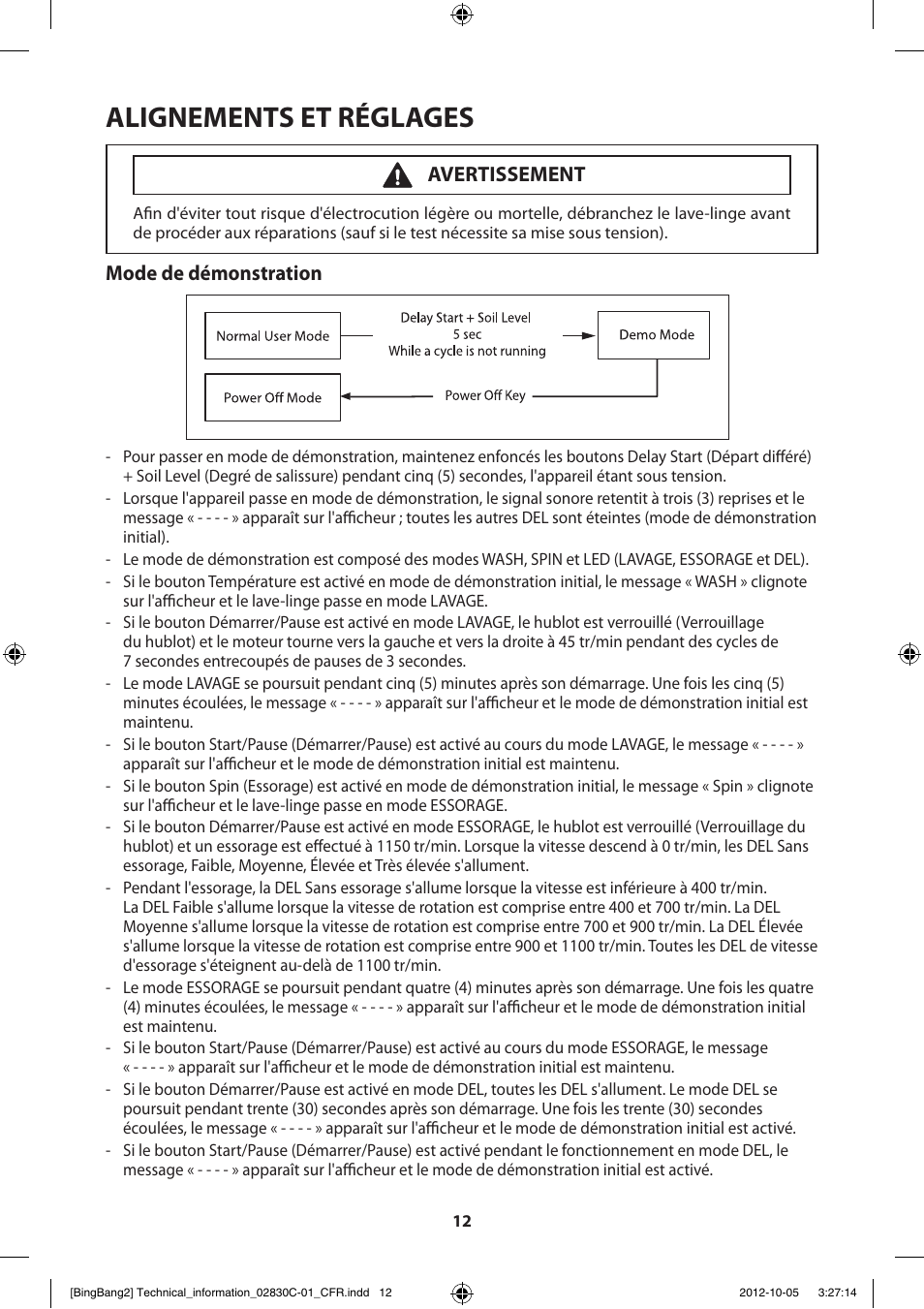 Alignements et réglages, Mode de démonstration, Avertissement | Samsung WF231ANW-XAA User Manual | Page 32 / 60